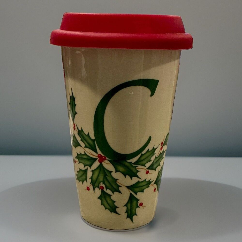 Lenox Holiday Ceramic Travel Mug w/ Red Drink-Through Silicone Lid